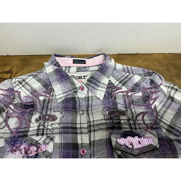 Roar Woman Western M Button Up Long Sleeve Blue Purple Embroidered Stretch Shirt - Picture 5 of 11